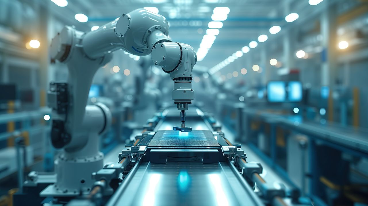 Illustrative photo: robotic arm above a production line.