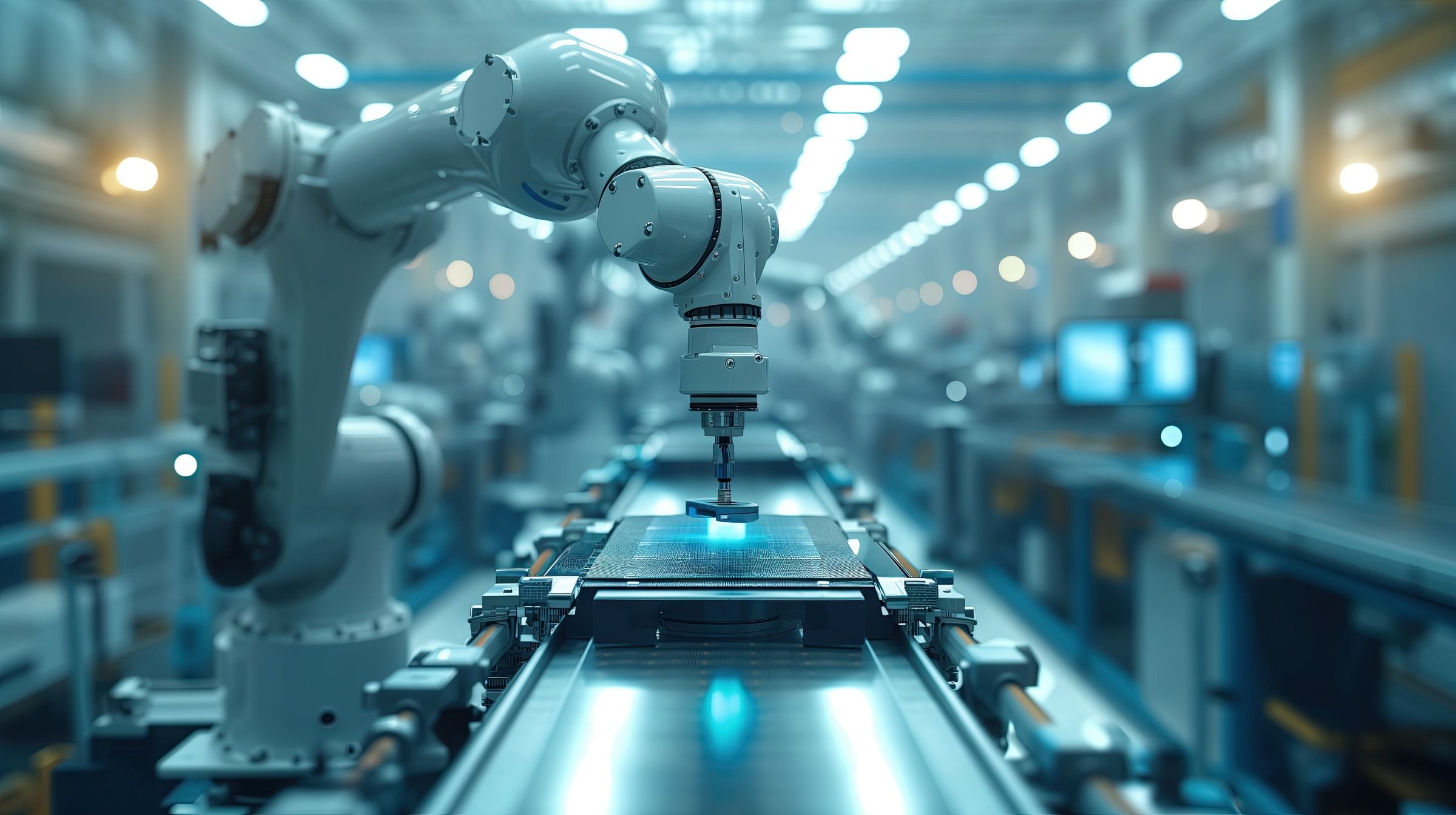 Illustrative photo: robotic arm above a production line.