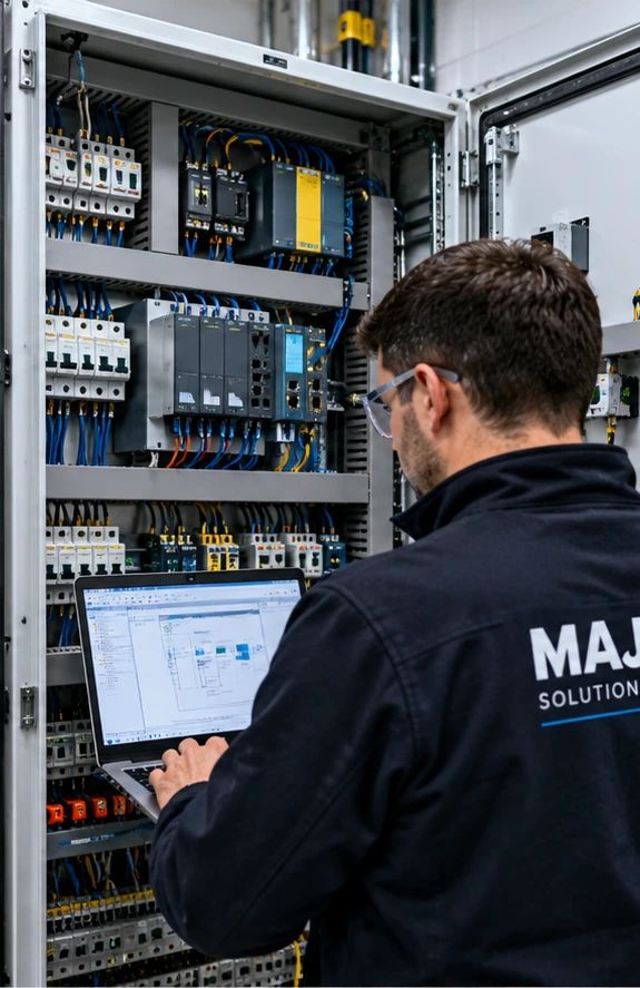 Illustrative photo: programming a PLC from a laptop in front of a control cabinet.
